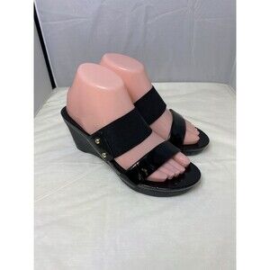 Ralph Lauren Black Patent Stretch Wedge Sandals Rhianna Size 7.5 - 802151638 EUC